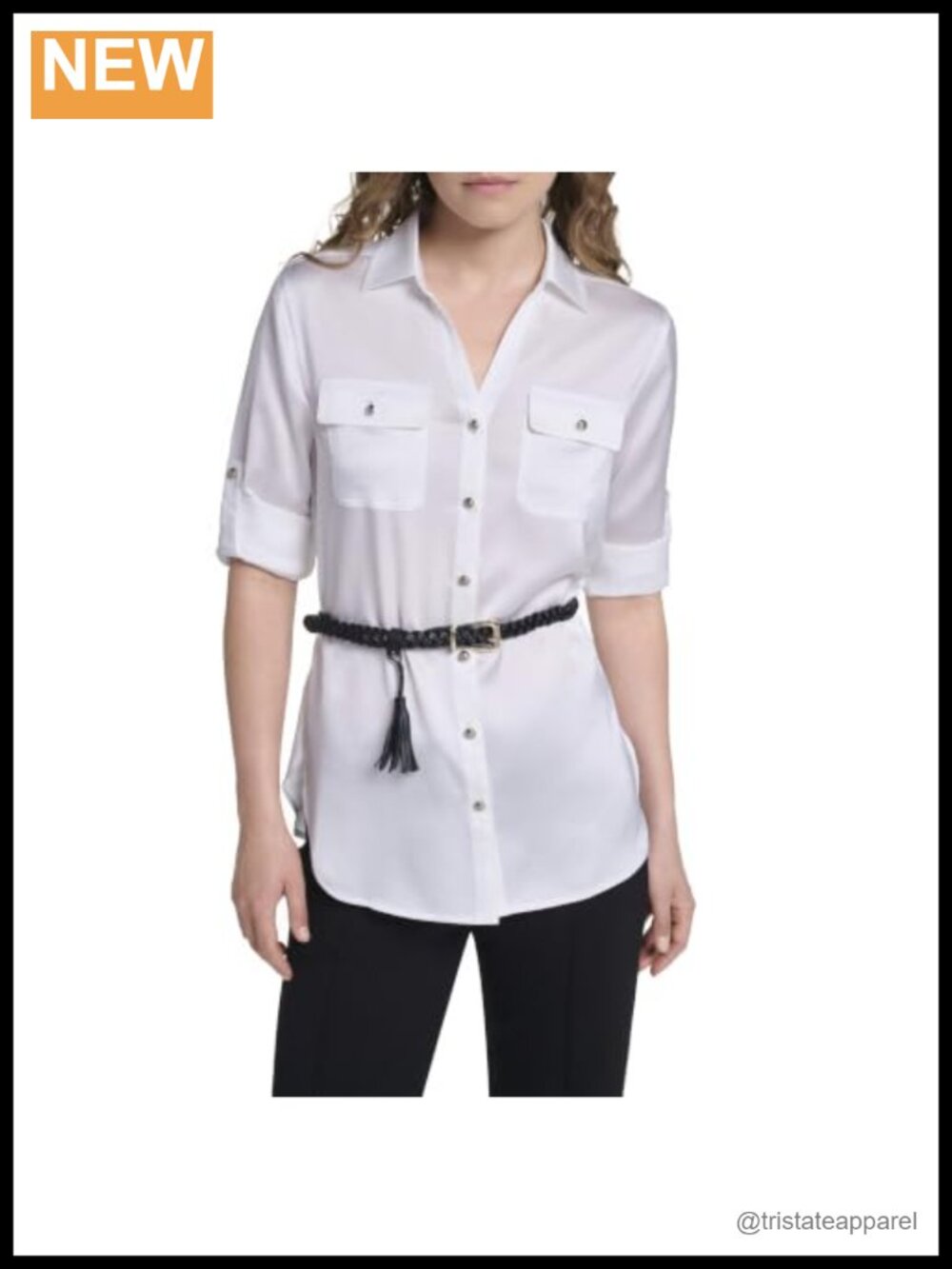 3/4 Sleeve Belted Button-Down Collared Blouse 100% Polyester
